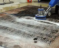 Professional rug cleaning with a rotary floor machine and shampoo foam, deep-cleaning an area rug, in Jacksonville, FL.